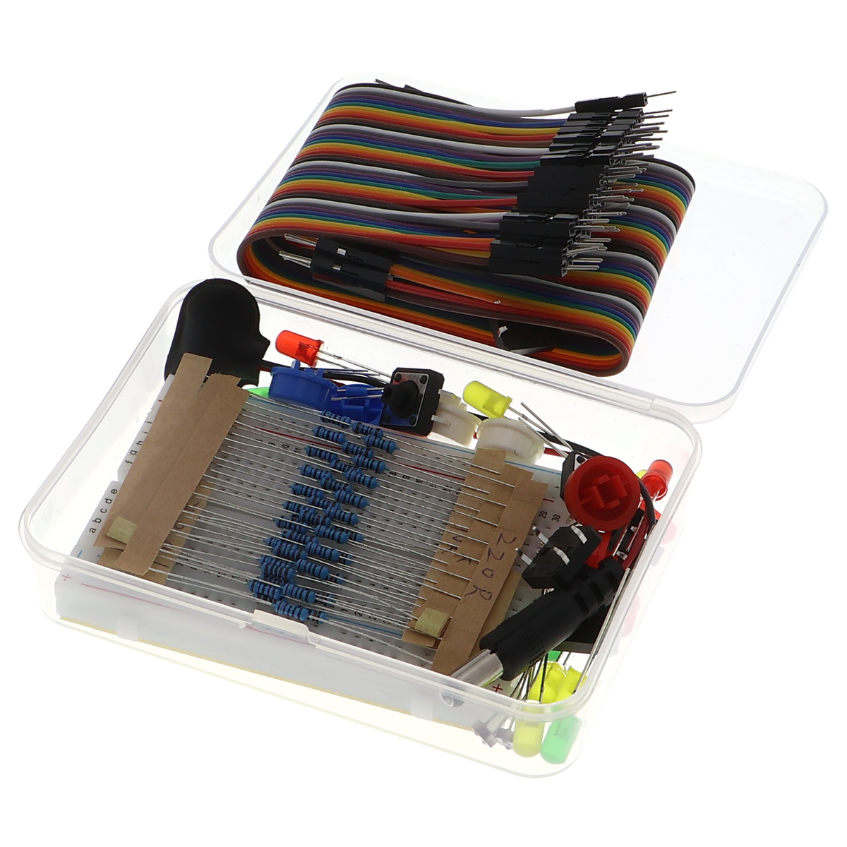Mini-kit - leds, schakelaars, weerstanden, batterijklem, Dupont-kabel, breadboard
