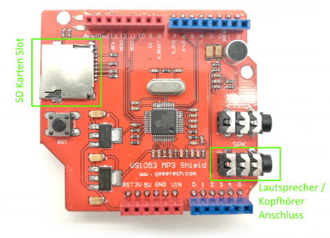 Das MP3-Shield VS1053 mit Micro-SD-Slot und Klinkenbuchse