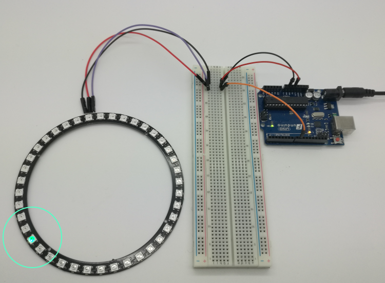 Schaltplan: LED-Ring mit DI an Pin D9, GND an GND und VCC an 5V des Arduino UNO