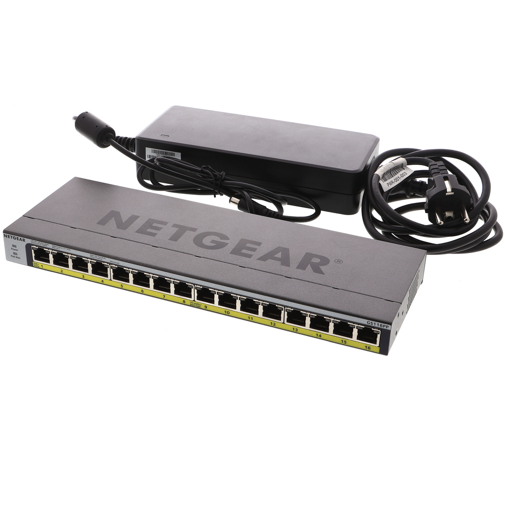 Switch no gestionado PoE+ Gigabit LAN de 16 puertos Netgear GS116PP con FlexPoE (183W)