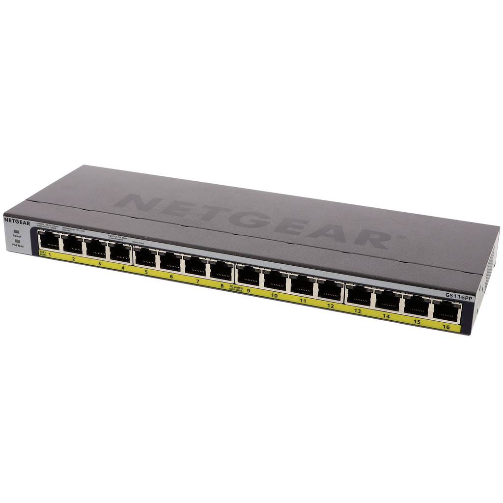 Switch no gestionado PoE+ Gigabit LAN de 16 puertos Netgear GS116PP con FlexPoE (183W)