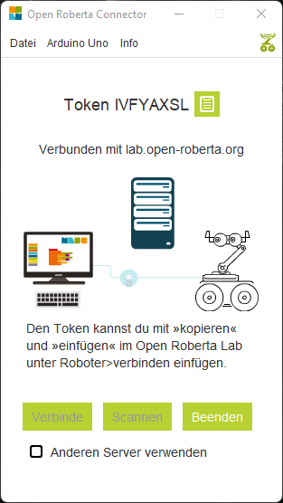 Open Roberta Connector mit angezeigtem Token