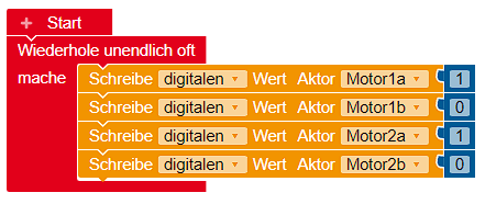 Open-Roberta-Programm mit vier Schreibe-Wert-Bausteinen