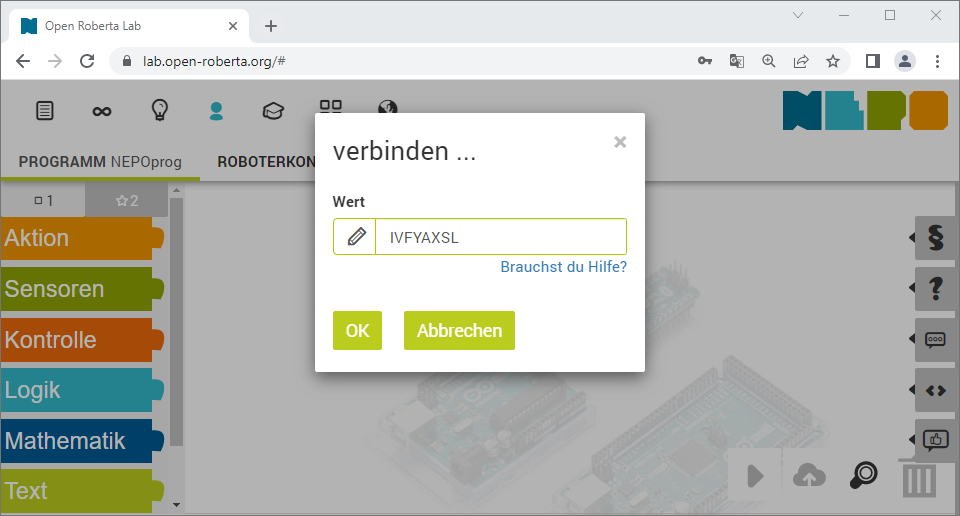 Eingabefeld für den Verbindungstoken im Open Roberta Lab
