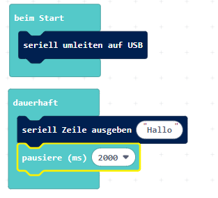 Block „pausiere (ms)“ mit dem Wert 2000