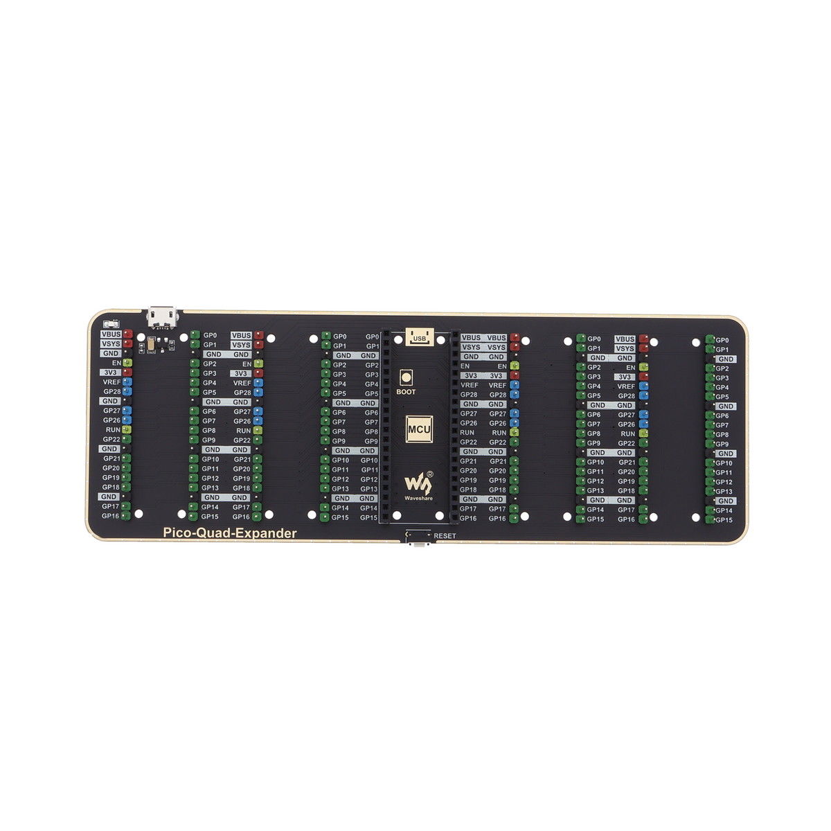 Quad-GPIO-Expander für Raspberry Pi Pico, 4x Stiftleisten, USB-Stromanschluss