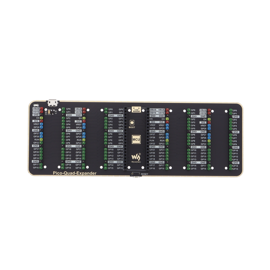 Quad GPIO Expander for Raspberry Pi Pico - 4x Pin Headers, USB Port