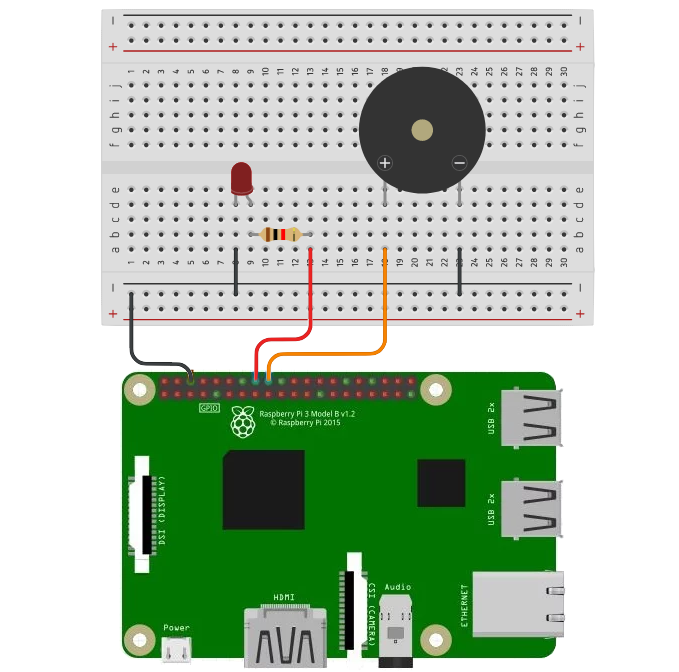 LED und Piezo-Lautsprecher an GPIO 23 und GPIO 24 eines Raspberry Pi
