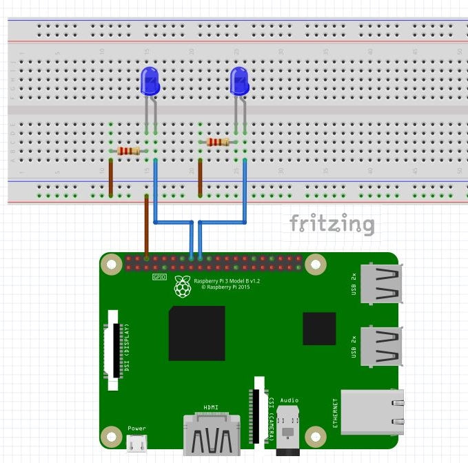 Zwei LEDs mit Vorwiderständen an GPIO 23 und GPIO 24 eines Raspberry Pi