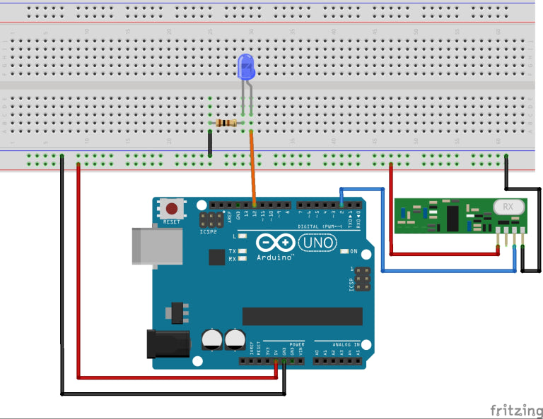 Schaltplan des Funkempfängers mit LED an Pin 12 und Empfangsmodul an Pin 2