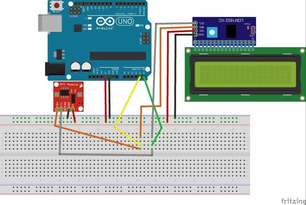 Schaltplan mit I2C-LC-Display und RTC-Modul am selben I2C-Bus