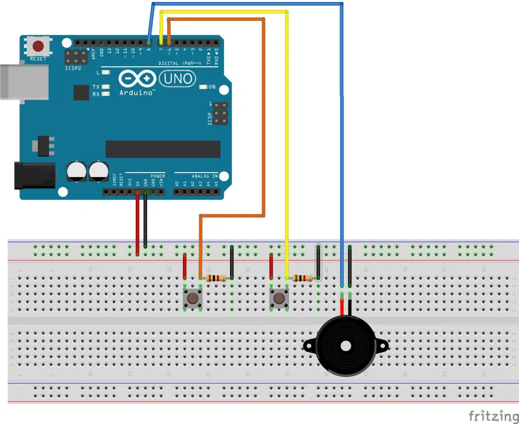 Schaltplan mit Lautsprecher an Pin 8 sowie Tastern an Pin 6 und Pin 7 des Arduino UNO