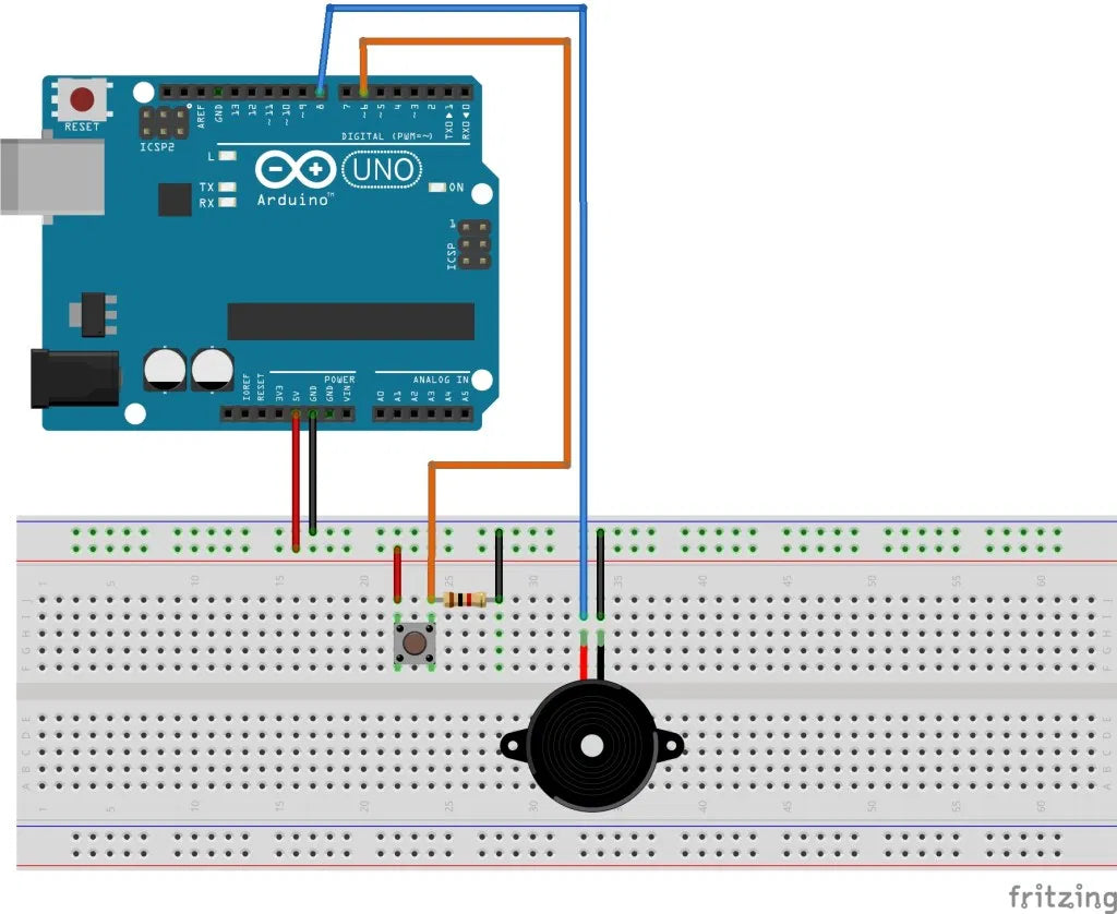 Schaltplan mit Lautsprecher an Pin 8 und einem Taster an Pin 6 des Arduino UNO