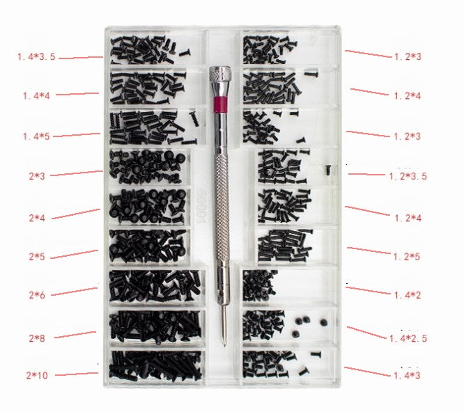 Miniature screw set - M1.2, M1.4, M2, 90 stainless steel pieces, screwdriver