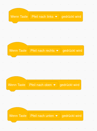 Vier Scratch-Blöcke, einer für jede Pfeiltaste