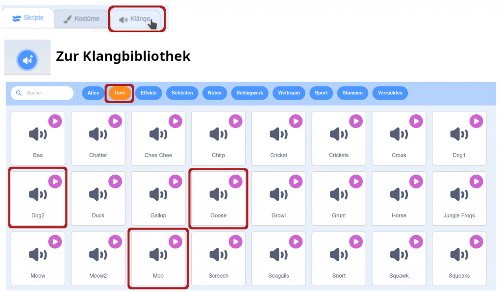 Die Klangbibliothek von Scratch mit dem Reiter Tiere
