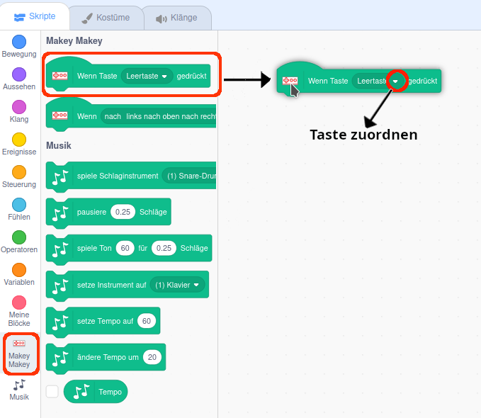 Der Makey-Makey-Block „Wenn Taste gedrückt“ in Scratch