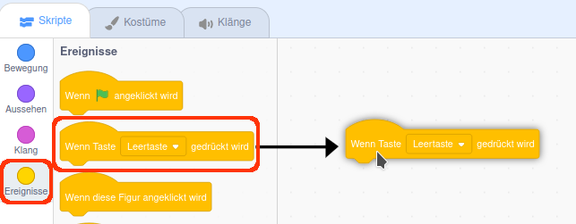 Der Scratch-Block „Wenn Taste gedrückt wird“ unter dem Reiter Ereignisse