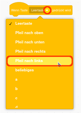 Im Scratch-Block wird über das Auswahlmenü die Taste Pfeil nach links eingestellt