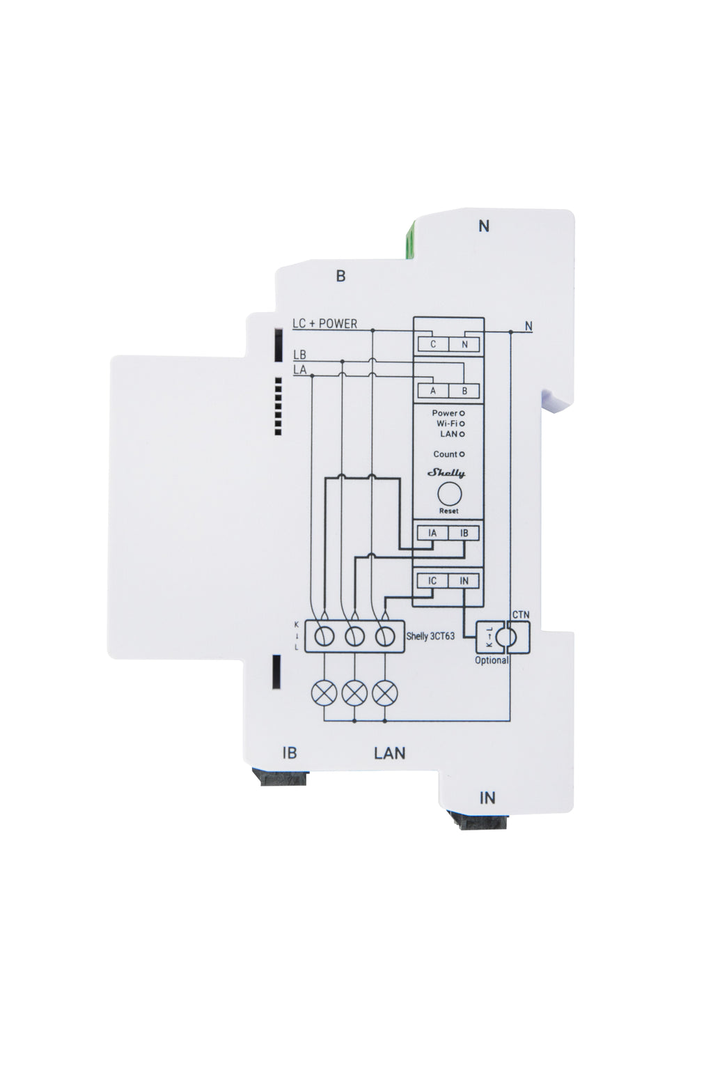 Shelly · carril DIN · "Pro 3EM-3CT63" · contador eléctrico · incluye CT · función de medición · WLAN · LAN · BT