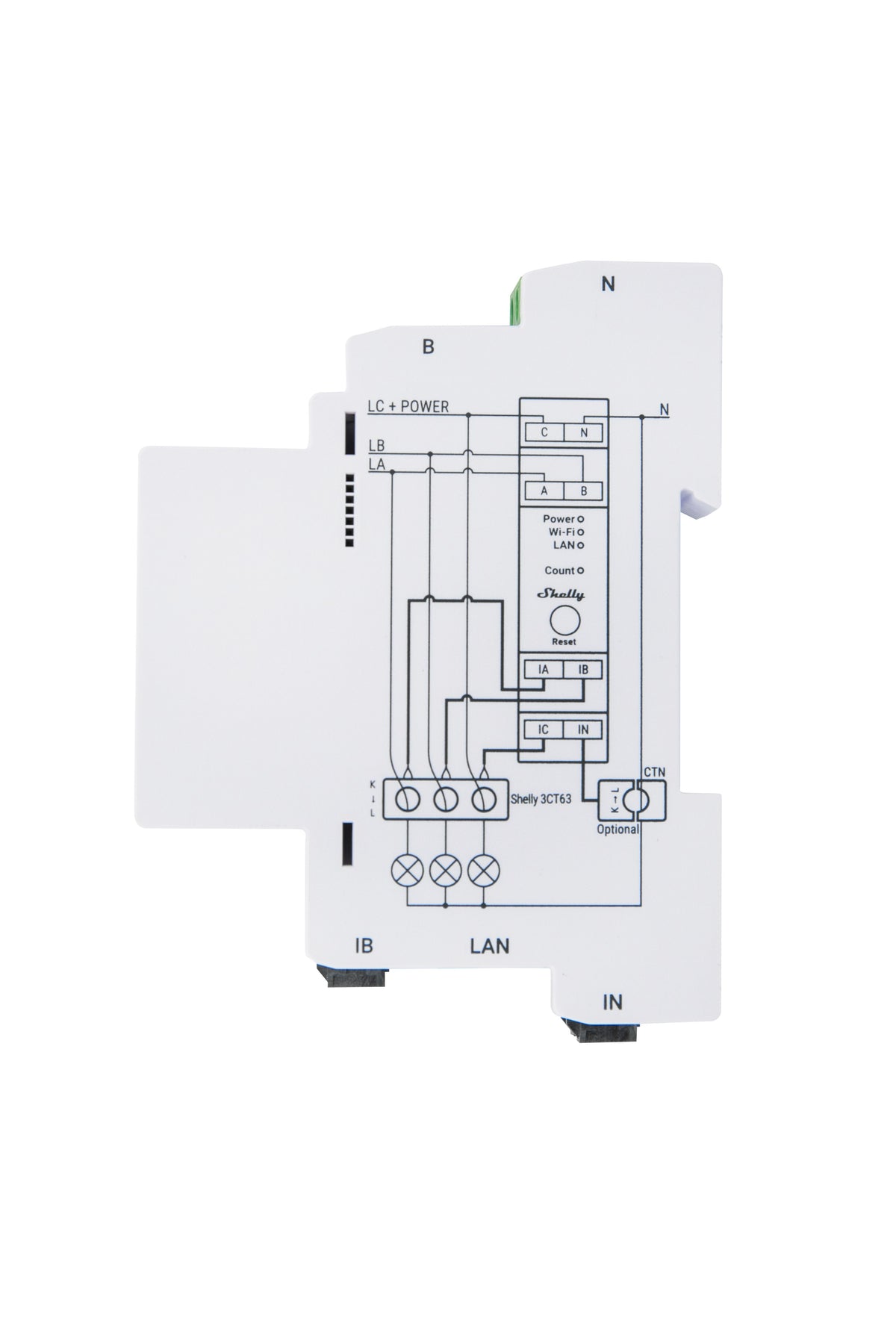 Shelly · carril DIN · "Pro 3EM-3CT63" · contador eléctrico · incluye CT · función de medición · WLAN · LAN · BT