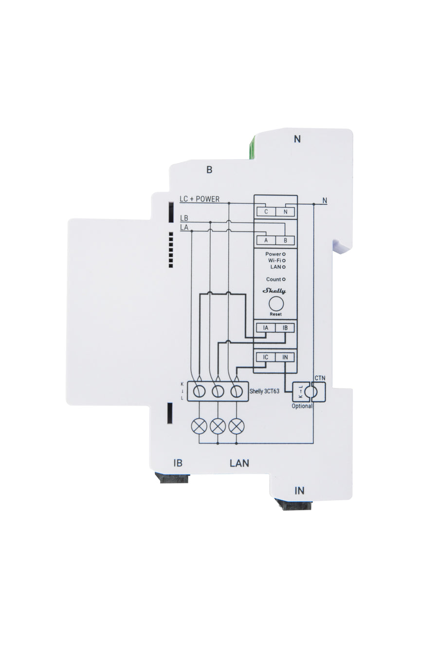 Shelly · carril DIN · "Pro 3EM-3CT63" · contador eléctrico · incluye CT · función de medición · WLAN · LAN · BT