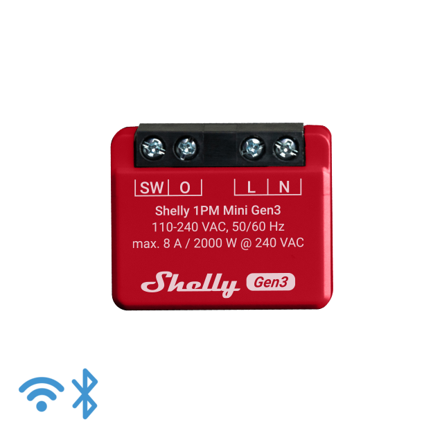 Shelly · inbouw · "1PM Mini Gen. 3" · relais · max 8A · 1 kanaal · meetfunctie · WLAN · BT