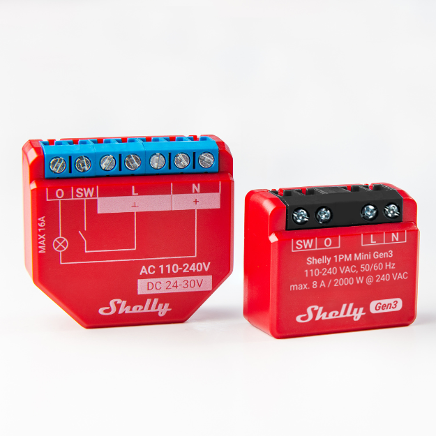 Shelly · inbouw · "1PM Mini Gen. 3" · relais · max 8A · 1 kanaal · meetfunctie · WLAN · BT