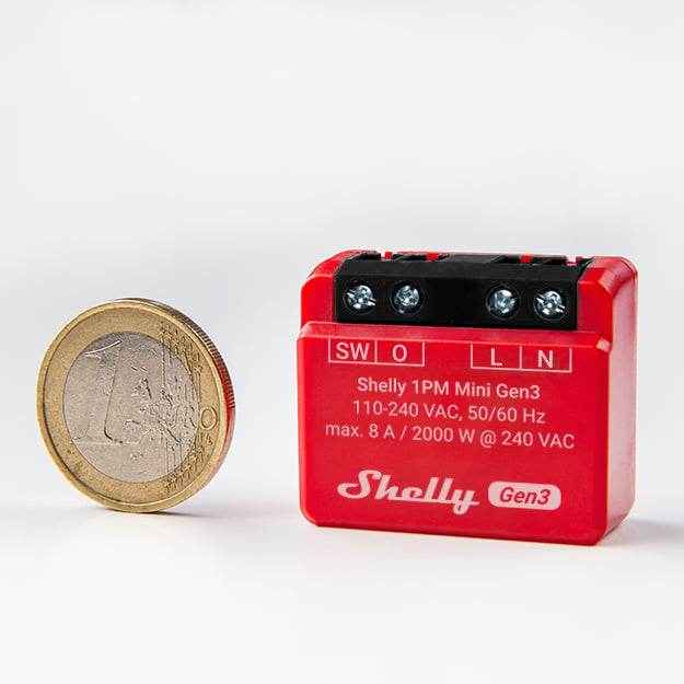 Shelly · inbouw · "1PM Mini Gen. 3" · relais · max 8A · 1 kanaal · meetfunctie · WLAN · BT