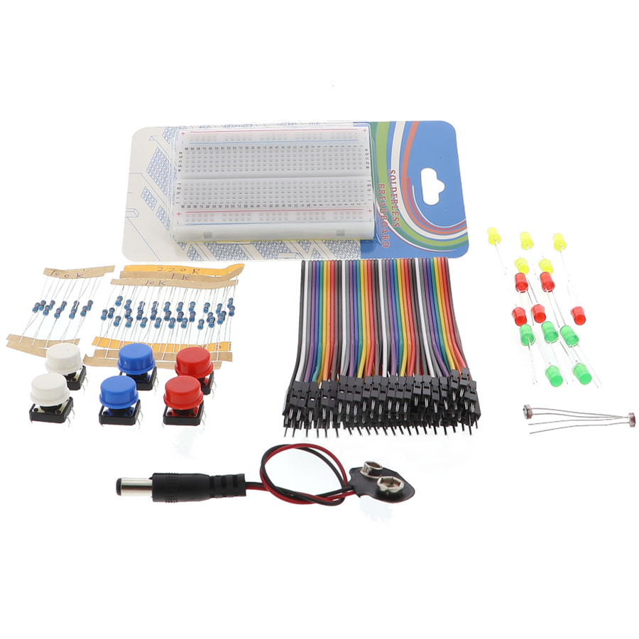Pulsador, LED, resistencia, protoboard, cables - Kit mini