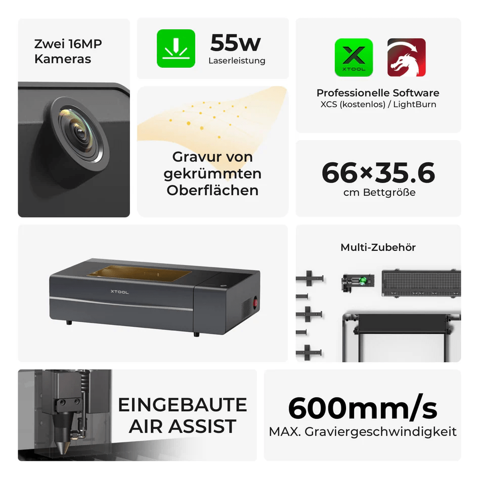 XTool P2 - CO2 Lasercutter 55 W, verschiedene Ausführungen und Farben - F23110406 - Funduino